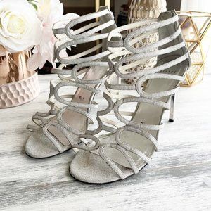 Stuart Weitzman loopdeloop silver shimmer caged heels size 9.5
